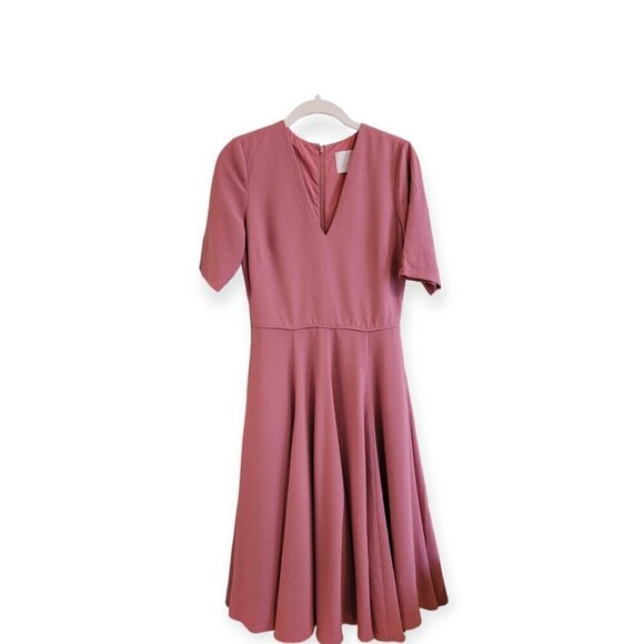 Gal Meets Glam Edith Coral Pink Fit Flare V Neck Midi Dress Size 2 XS EUC - Picture 2 of 10